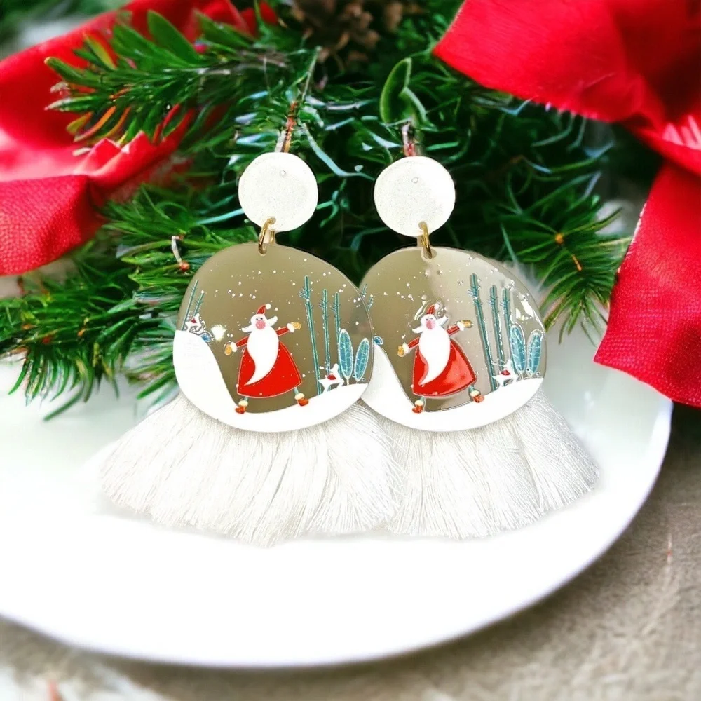 Festive Snowglobe Earrings - Santa Claus Christmas Drop Earrings with Fringe